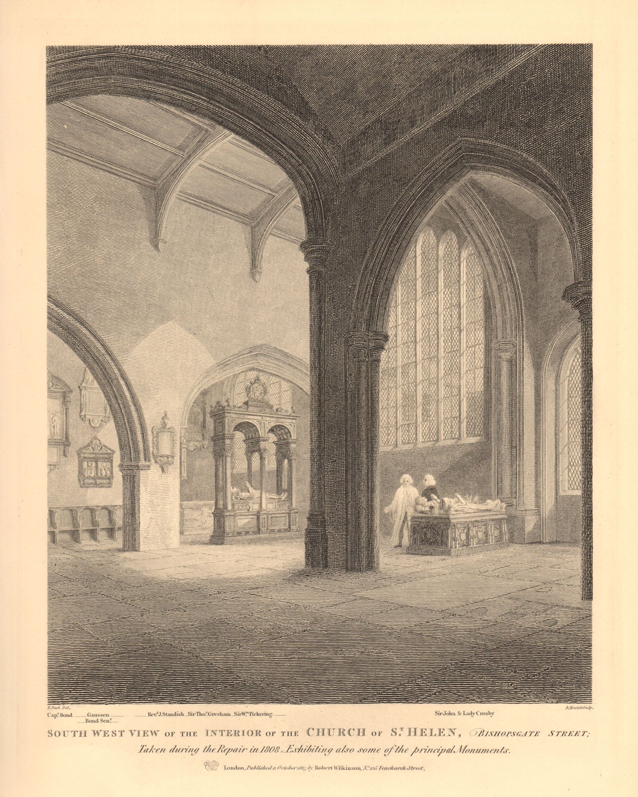 ST HELEN BISHOPSGATE. Interior of the church. London. WILKINSON 1834 old print